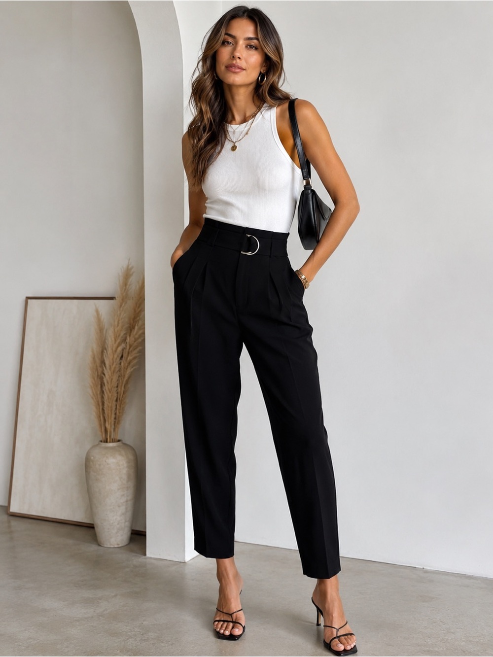 Zara NWT Black Paperbag High Rise Pleated Belted Tapered Trouser Pants